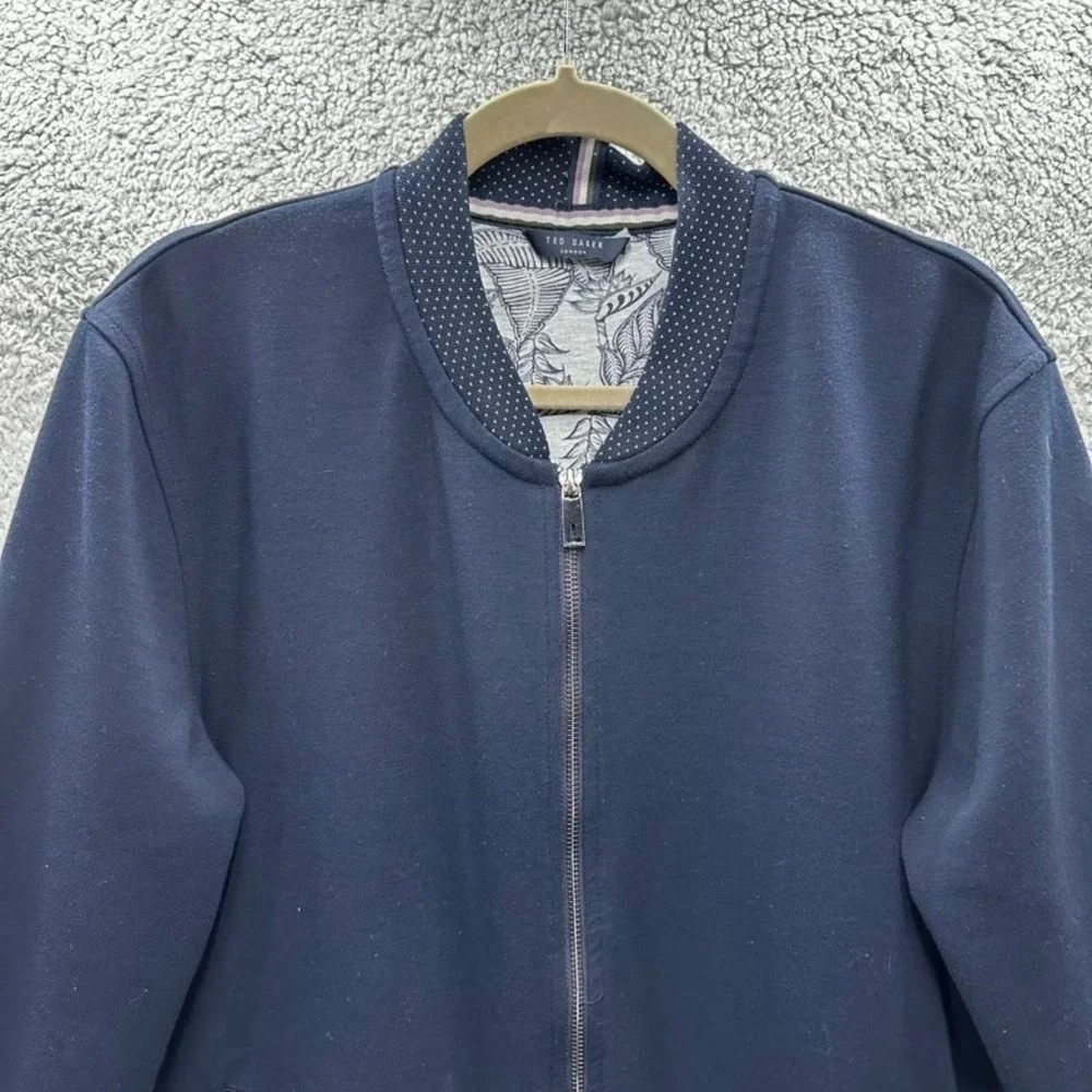 Ted Baker London Mens Large Navy Blue Full Zip Bomber Jacket Leaf Lining Comfort